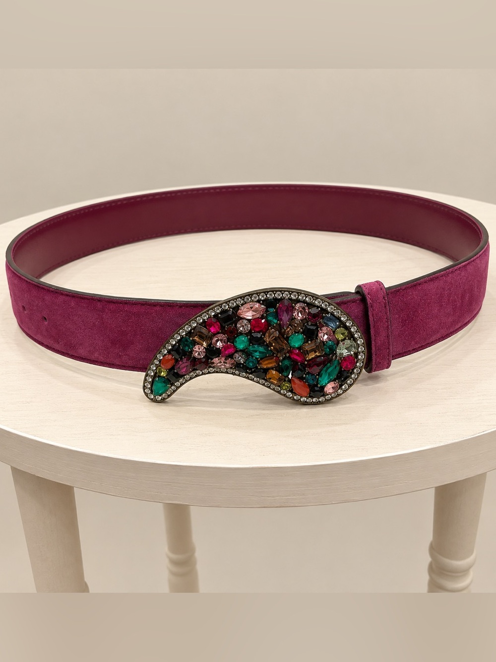 Vintage ETRO Size L Jeweled Paisley Suede Leather Belt Made in Italy